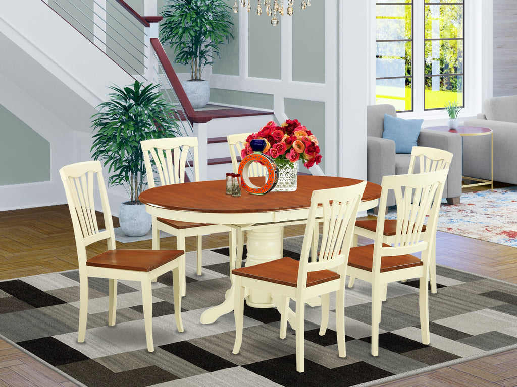 Luxurious AVON7-X98-W Oval Dining Ensemble Extendable Table & 6 Chairs, Buttermilk & Cherry Elegance