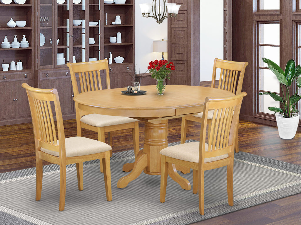 AVPO5-ZZK-V 5-Piece Dining Ensemble in Oak with Expanding Butterfly Leaf Table & Upholstered Chairs Set