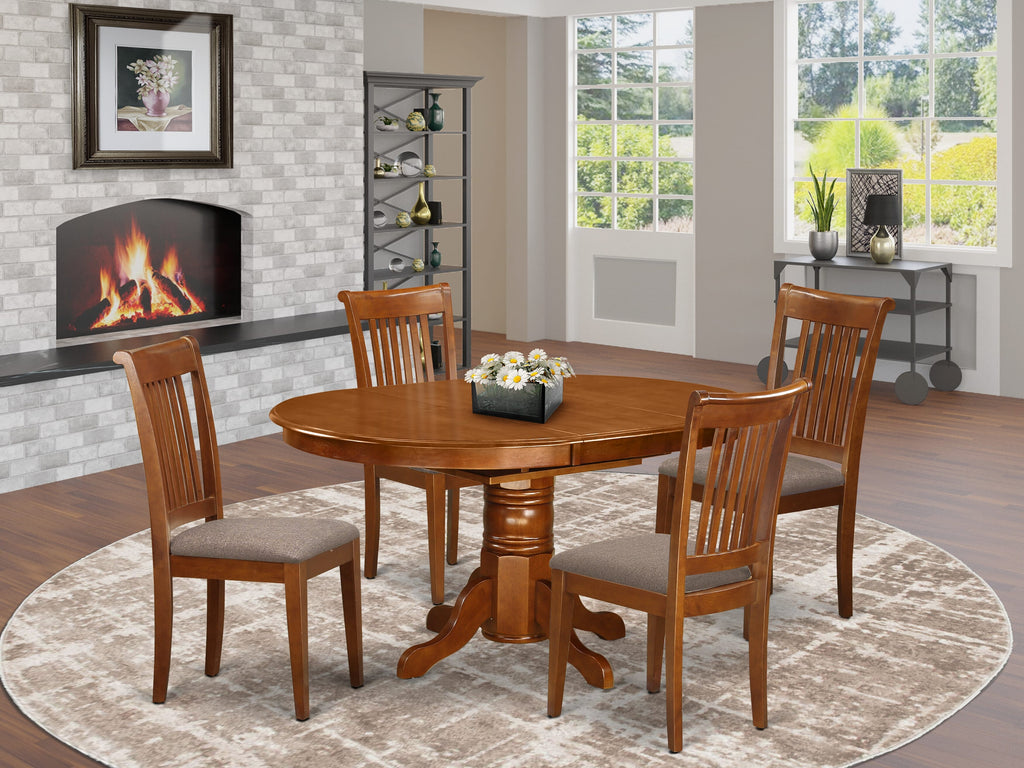 AVPO5-6UM-V 5-Piece Oval Dining Set with Butterfly Leaf and 4 Upholstered Linen Chairs, Saddle Brown