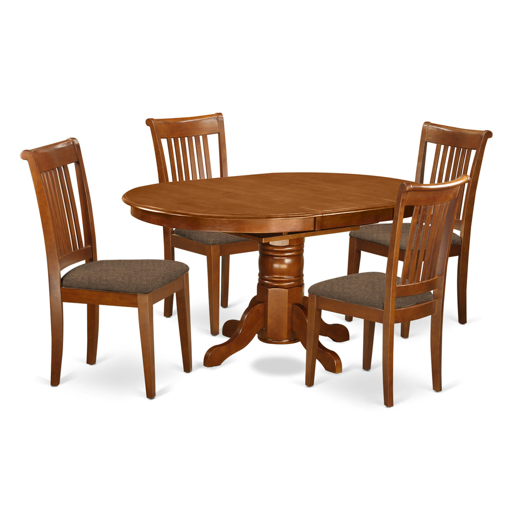 AVPO5-6UM-V 5-Piece Oval Dining Set with Butterfly Leaf and 4 Upholstered Linen Chairs, Saddle Brown