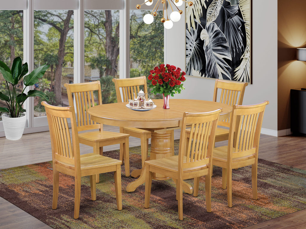 AVPO7-JXY-K Stylish 7-Piece Oak Oval Dining Set with Butterfly Leaf and 6 Wooden Chairs, 42x60