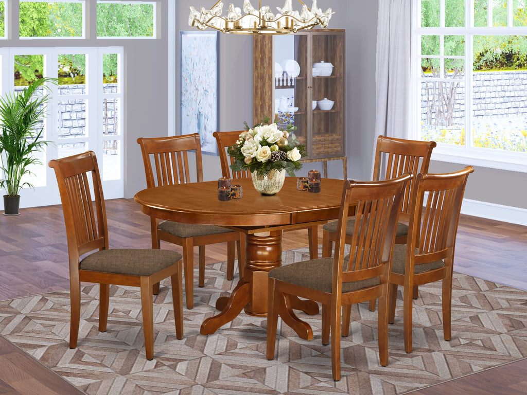 AVPO7-SF6-6 (no brand) Seven-Piece Dining Suite with Butterfly Leaf Oval Table and Six Linen Chairs, Warm Brown Finish
