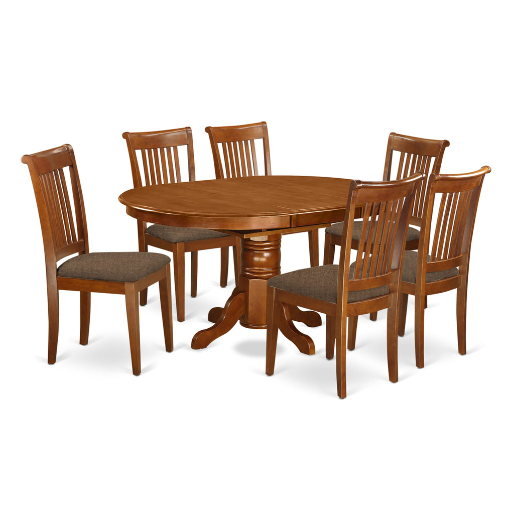 AVPO7-SF6-6 (no brand) Seven-Piece Dining Suite with Butterfly Leaf Oval Table and Six Linen Chairs, Warm Brown Finish