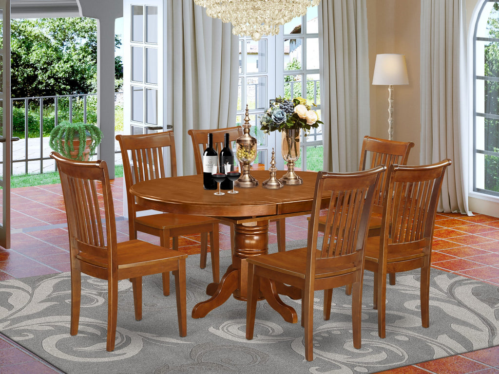 AVPO7-BLJ-N 7 Piece Oval Dining Set with Extendable Leaf and 6 Chairs, 42x60 Inches in Warm Brown