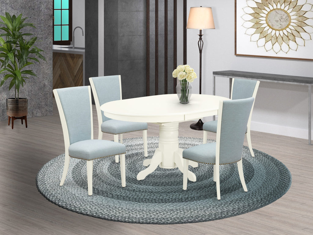 AVVE5-0R1-WW Elegant Dining Set with Expandable Oval Table & 4 Sky Blue Chairs, 42x60, Linen Finish