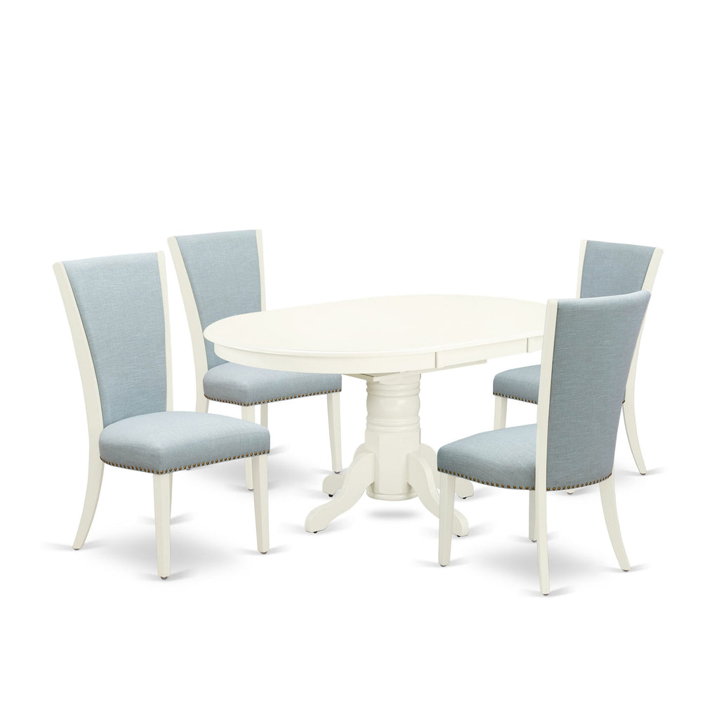 AVVE5-0R1-WW Elegant Dining Set with Expandable Oval Table & 4 Sky Blue Chairs, 42x60, Linen Finish
