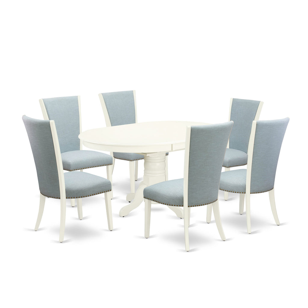 AVVE7-KZW-FD 7-Piece Dining Ensemble with Extendable Oval Table & 6 Fabric Seats in Linen White