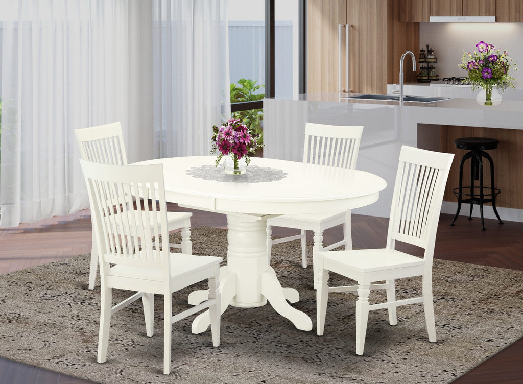 AVWE5-L90-Z Elegant 5-Piece Table Set Butterfly Leaf Oval Table & 4 Chairs, Linen White Finish