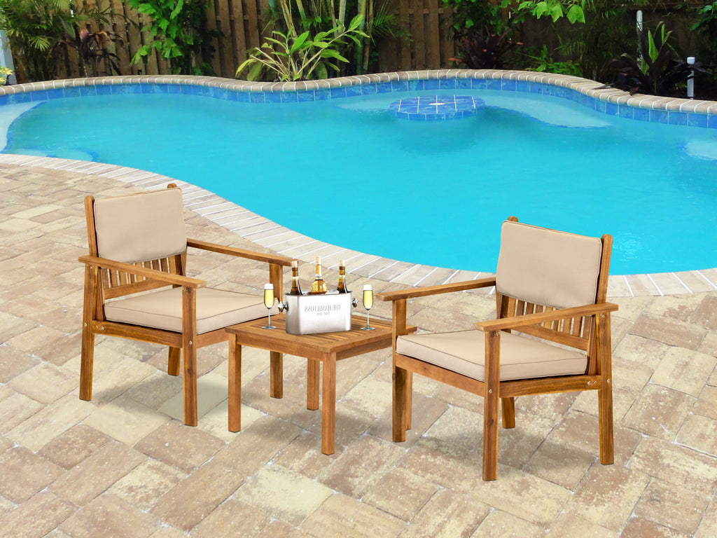 BBI3CPN Cozy 3-Piece Coffee Table Ensemble with Acacia Wood and Cushioned Patio Chairs for Outdoor Relaxation