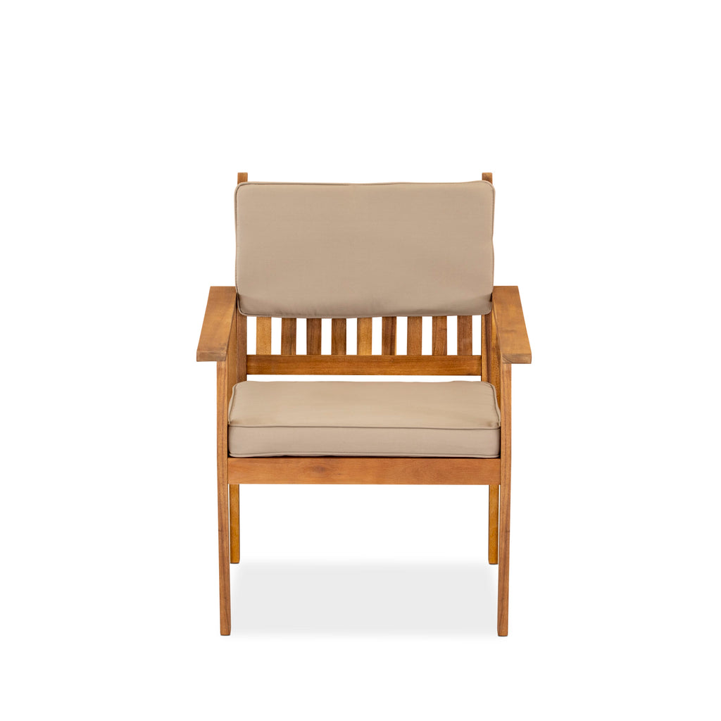 BBI3CPN Cozy 3-Piece Coffee Table Ensemble with Acacia Wood and Cushioned Patio Chairs for Outdoor Relaxation