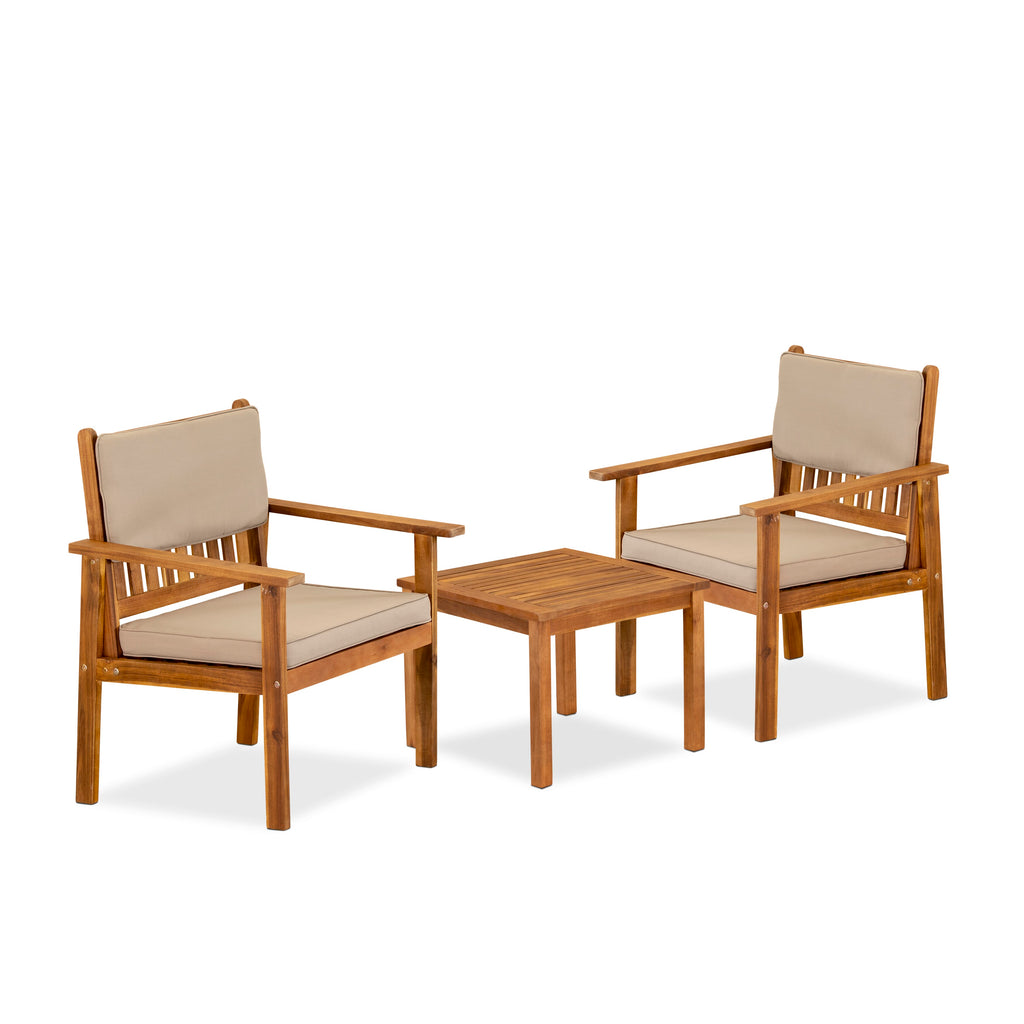 BBI3CPN Cozy 3-Piece Coffee Table Ensemble with Acacia Wood and Cushioned Patio Chairs for Outdoor Relaxation