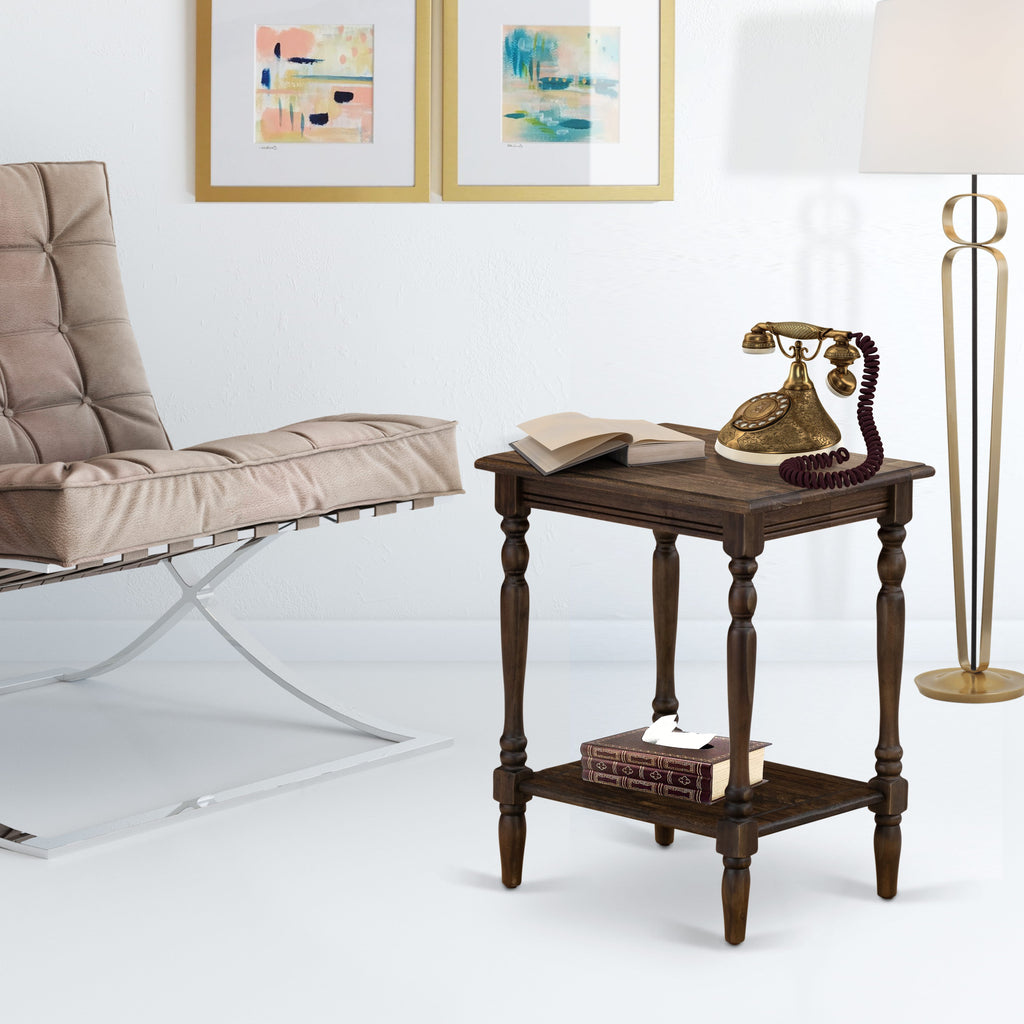 Versatile BF-07-BT Bedford Wooden Side Table with Open Storage Shelf, Distressed Jacobean Finish, 16x20