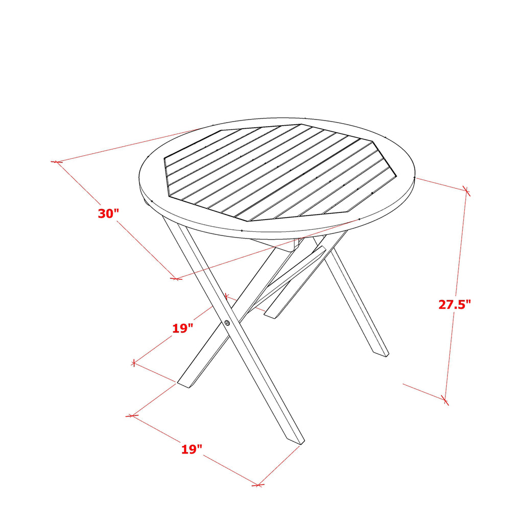 MNDK3HN14 Three-Piece Foldable Outdoor Acacia Wood Bistro Set with Round Table and Two Chairs, 30x30 Inch, in Natural Oil Finish