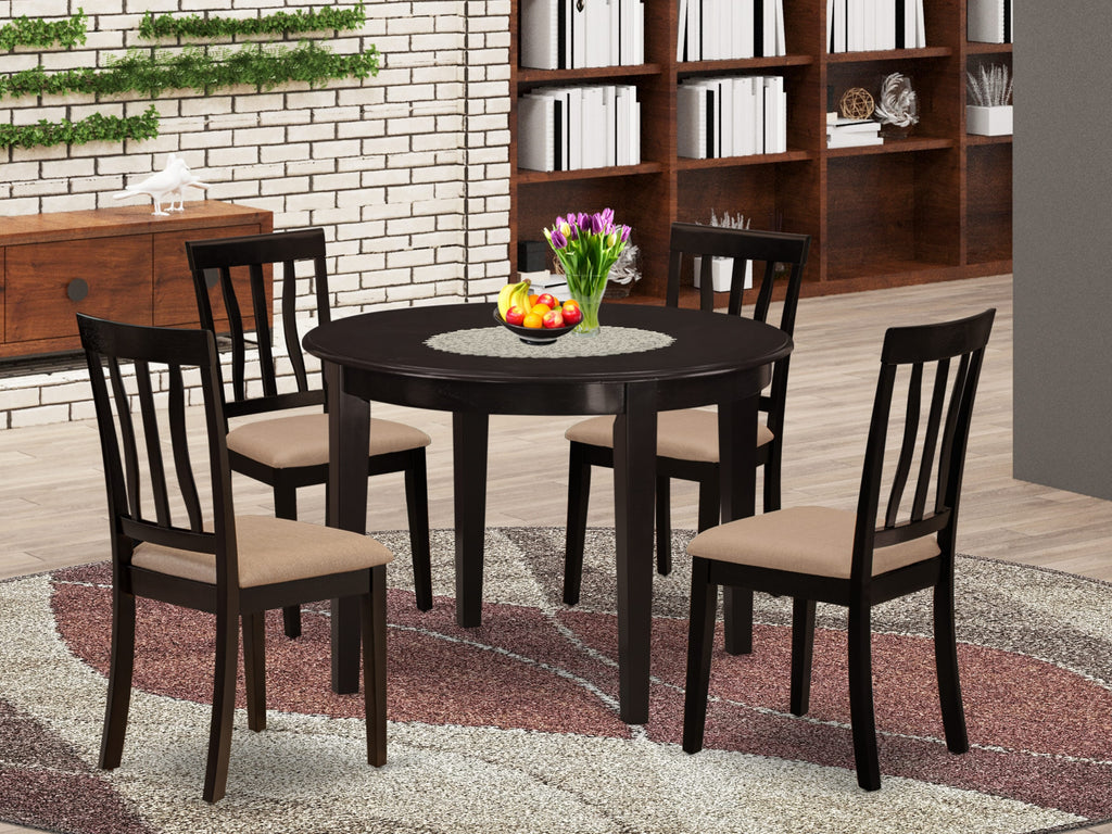 BOAN5-3H9-Q 5 Piece Dining Ensemble for Four, Featuring a Round Table and Linen-Set Chairs in Rich Cappuccino