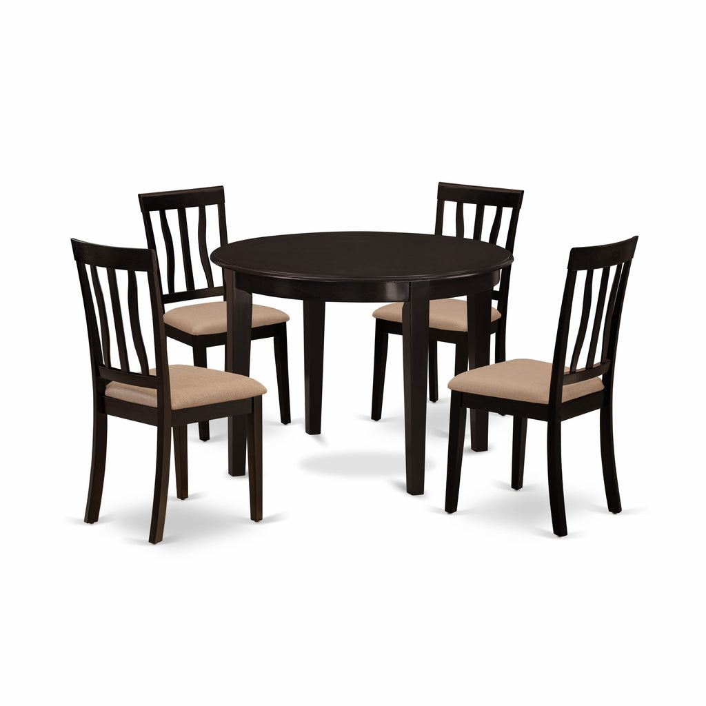BOAN5-3H9-Q 5 Piece Dining Ensemble for Four, Featuring a Round Table and Linen-Set Chairs in Rich Cappuccino