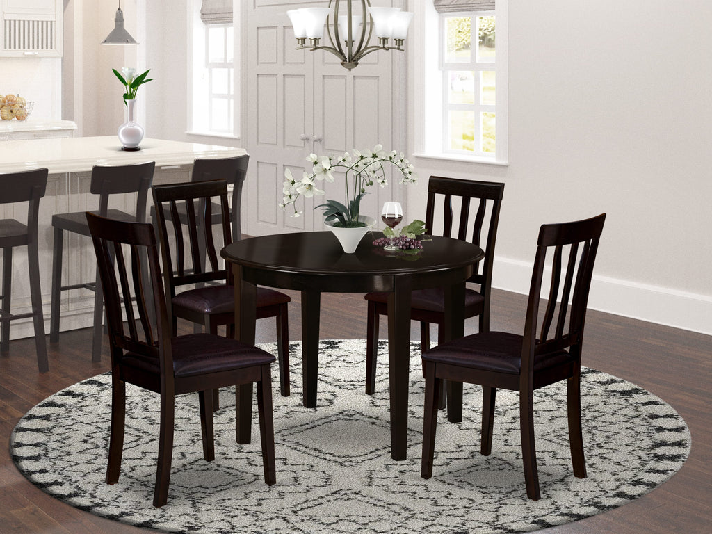 BOAN5-YSW-A1 5-Piece Dining Ensemble Round Table & 4 Faux Leather Chairs in Rich Cappuccino Tint