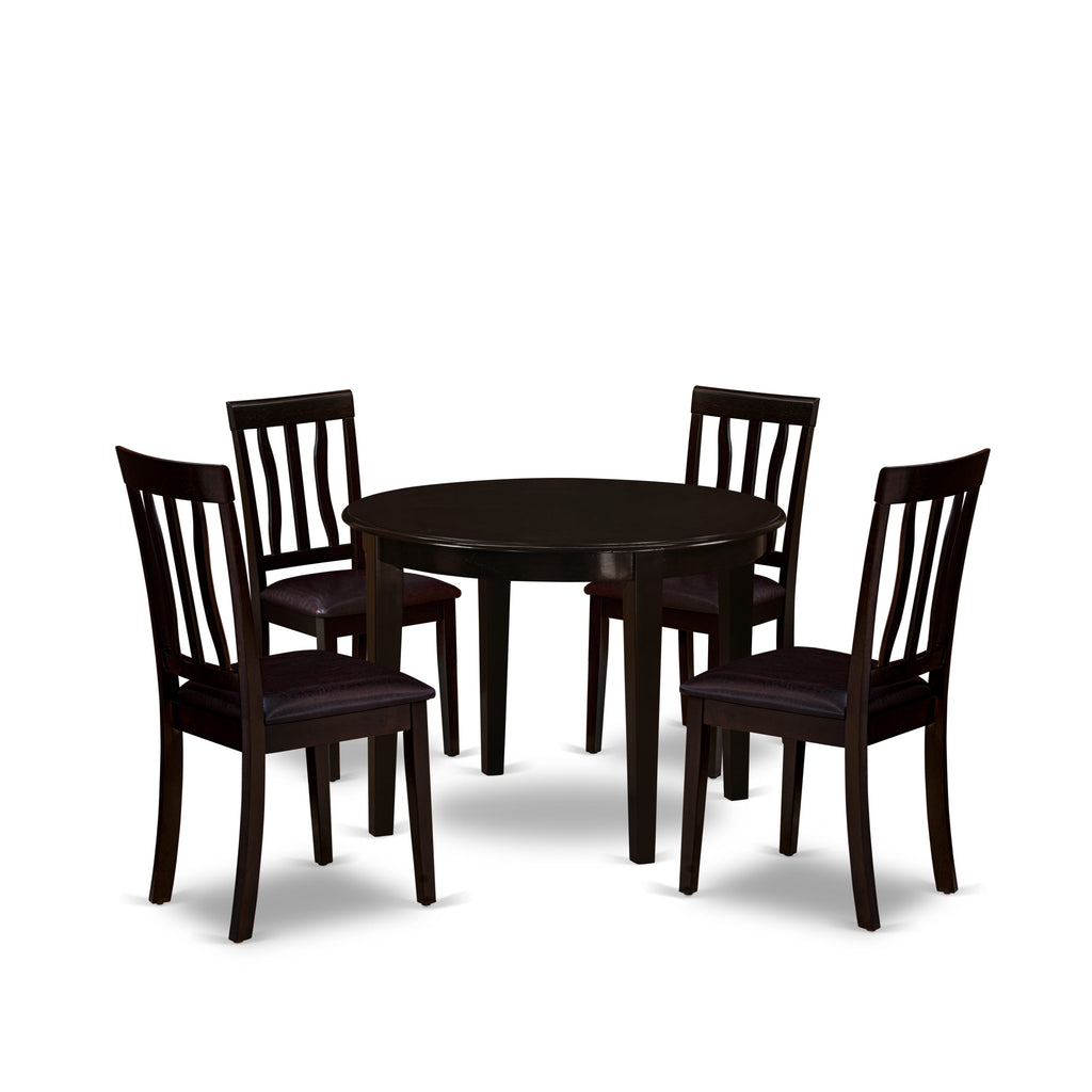 BOAN5-YSW-A1 5-Piece Dining Ensemble Round Table & 4 Faux Leather Chairs in Rich Cappuccino Tint