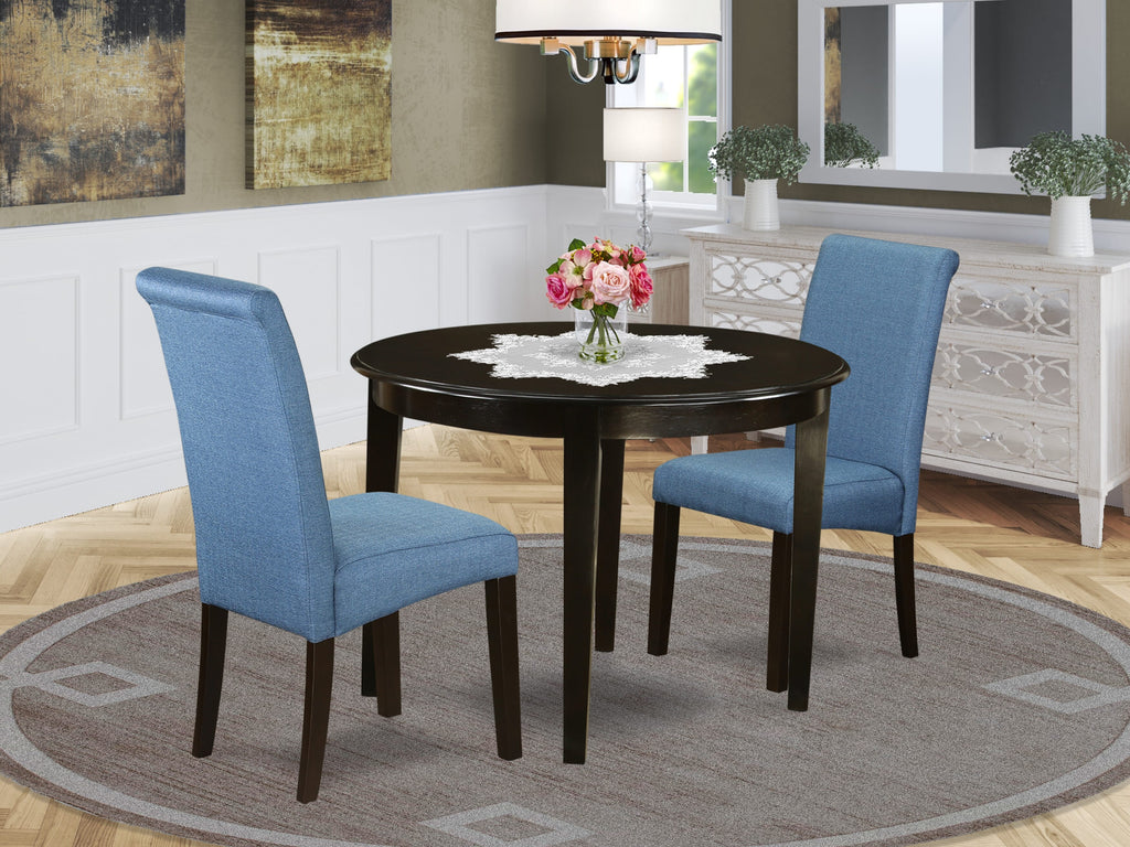 Boba3 Set - 3 Pc Dining Ensemble for Cozy Corners with Round Table & 2 Blue Parson Chairs, 42 Cappuccino Finish