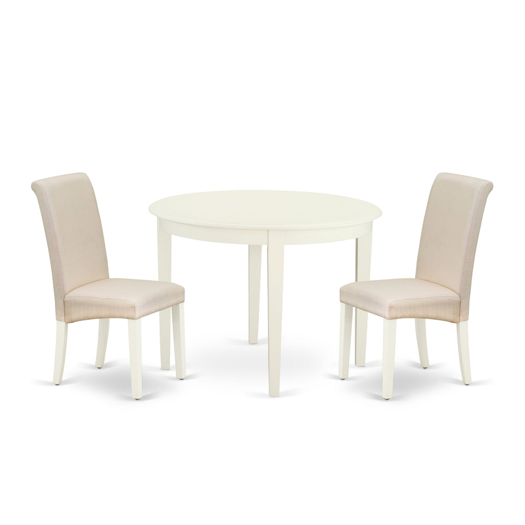 BOBA3-W5K-8J 3 Piece Dining Ensemble with Round Table & 2 Cream Upholstered Chairs for Modern Spaces, 42 Diameter in Linen White