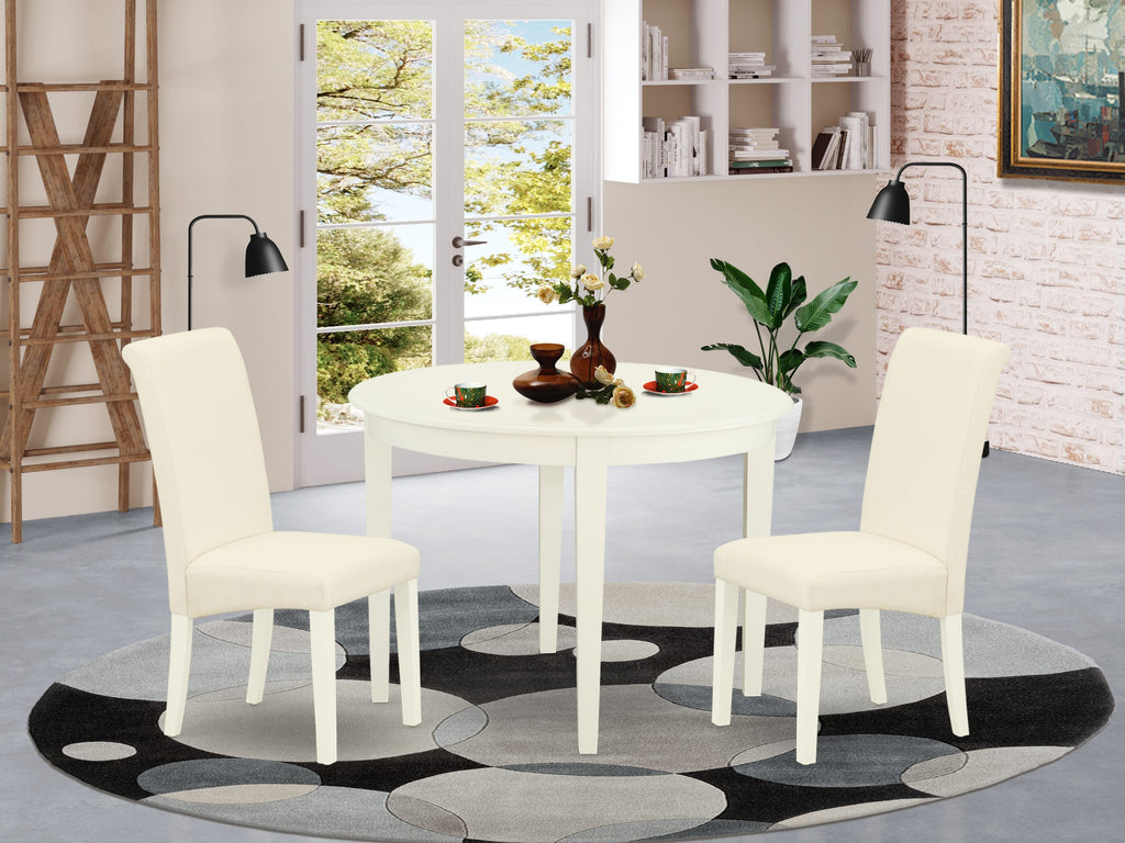 BOBA3-W5K-8J 3 Piece Dining Ensemble with Round Table & 2 Cream Upholstered Chairs for Modern Spaces, 42 Diameter in Linen White