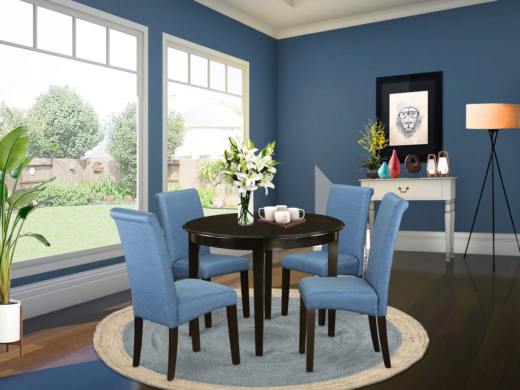 BOBA5-SJ3-HD 5-Piece Round Dining Collection 42 Table & Blue Linen Chairs