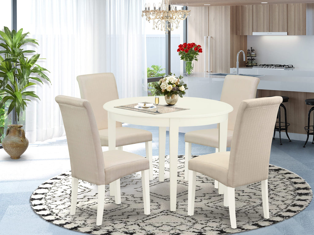BOBA5-EWE-0X - 5-Piece Dining Set with Circular Table & 4 Parsons Chairs, Cream Linen Upholstery, 42x42 Linen White