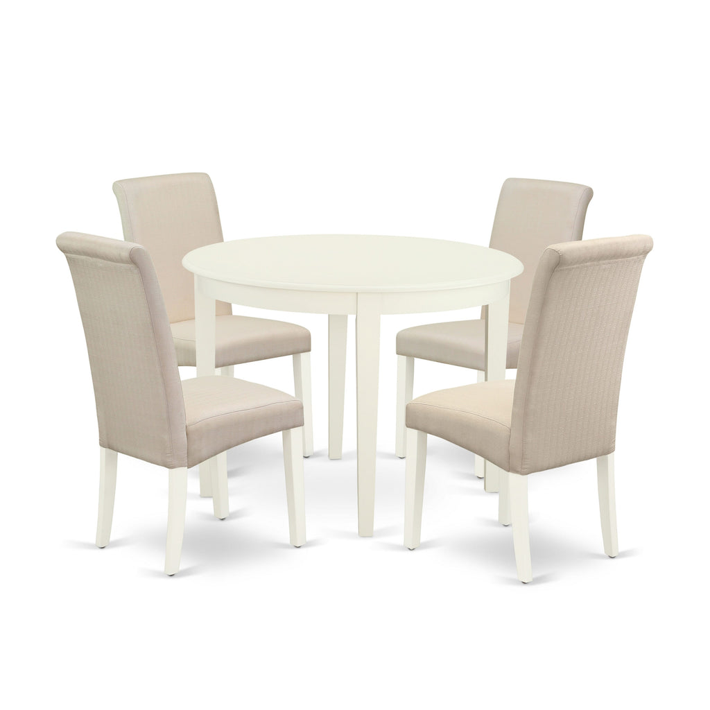 BOBA5-EWE-0X - 5-Piece Dining Set with Circular Table & 4 Parsons Chairs, Cream Linen Upholstery, 42x42 Linen White