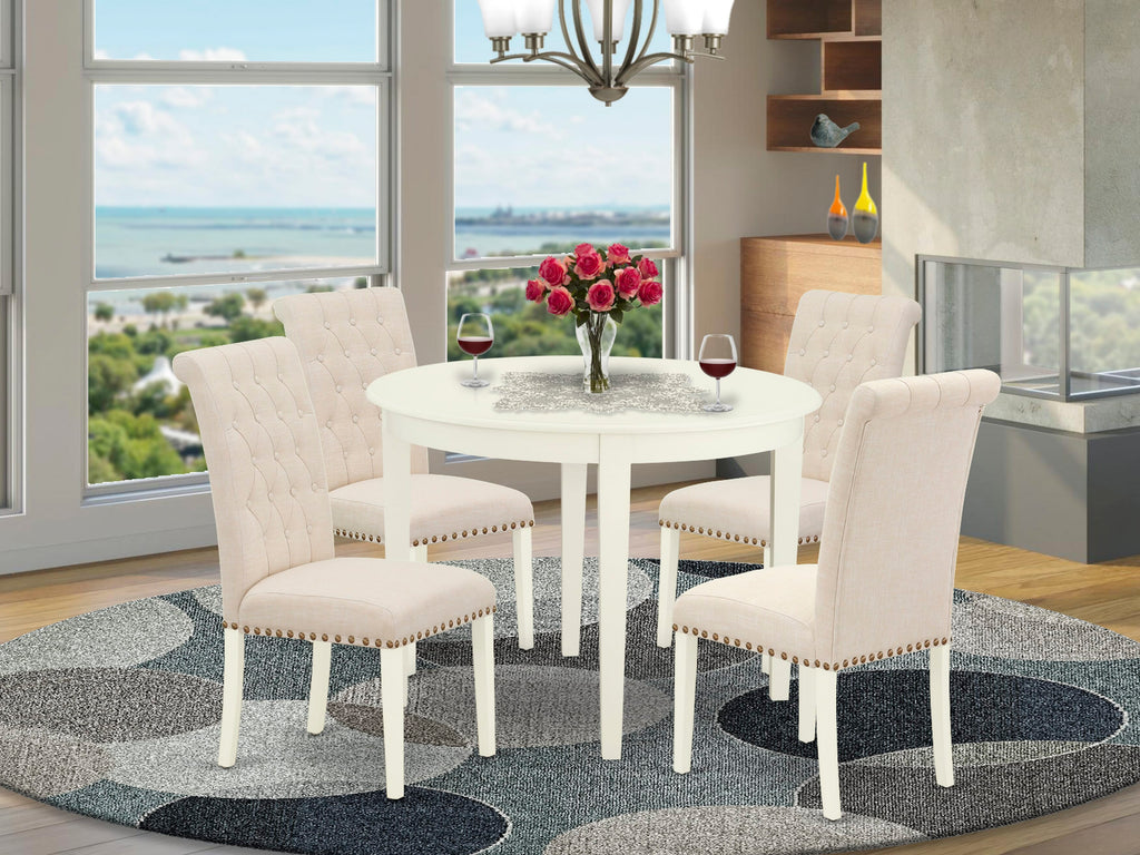BOBR5-A44-0F Dining Set with Beige Linen Chairs – Round Kitchen Table & 4 Elegant Upholstered Seats, Whitened Finish, 42x42 Inches