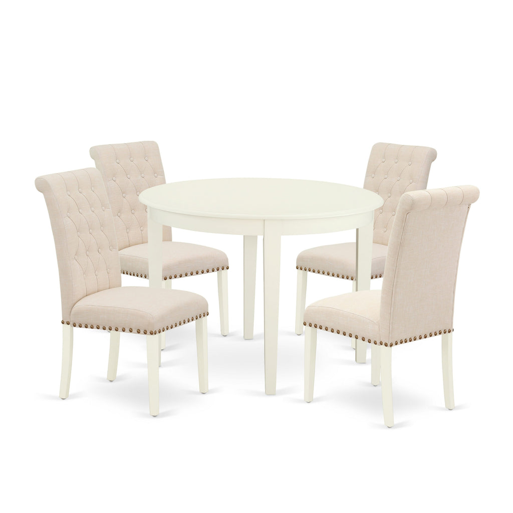 BOBR5-A44-0F Dining Set with Beige Linen Chairs – Round Kitchen Table & 4 Elegant Upholstered Seats, Whitened Finish, 42x42 Inches