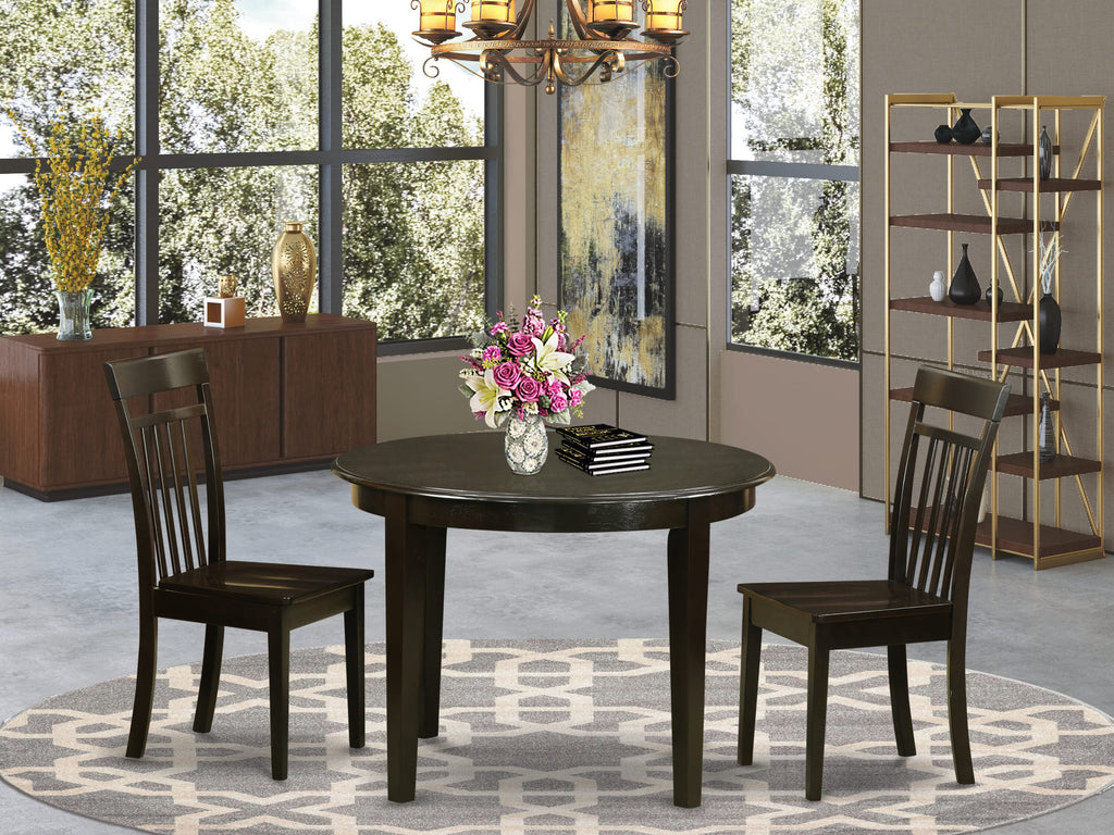 Complete Dining Ensemble with Round Table and Two Chairs,  BOCA3-QRQ-Q for Cozy Settings, Cappuccino Finish