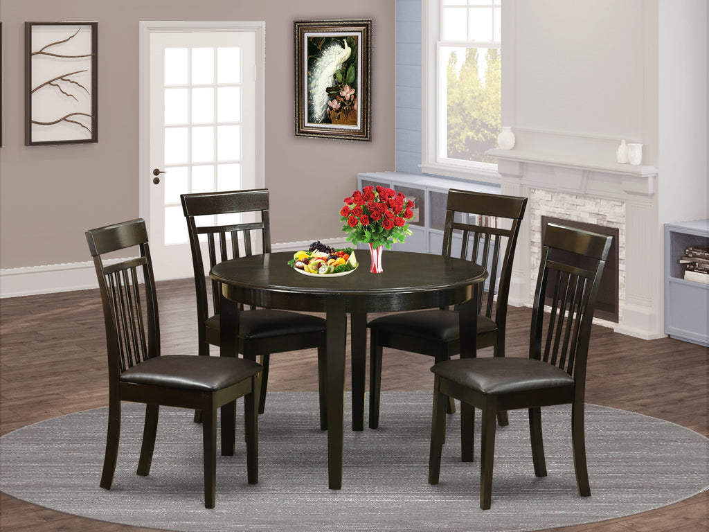 Dining Ensemble Set BOCA5-9FN-30 Round Table & 4 Faux Leather Chairs, 42x42, Rich Cappuccino