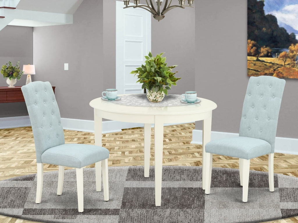 BOCE3-2XG-2S Cozy Dining Ensemble with Round Table & Pair of Sky Blue Parsons Chairs, 42-Inch, Soft White Finish