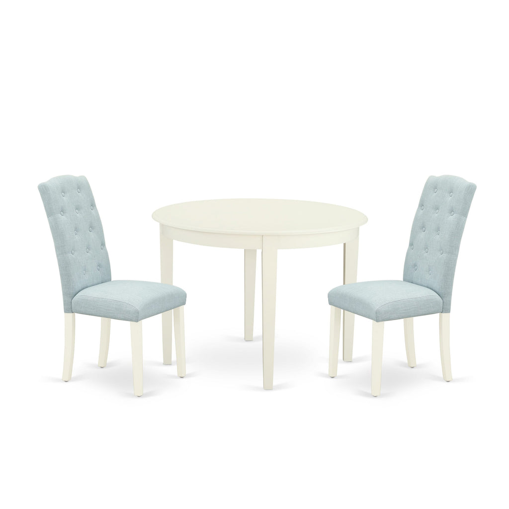BOCE3-2XG-2S Cozy Dining Ensemble with Round Table & Pair of Sky Blue Parsons Chairs, 42-Inch, Soft White Finish