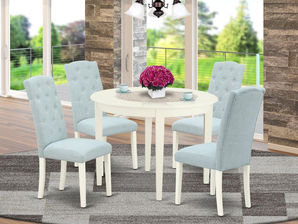 BOCE5-E1V-Q8 – Classy Dining Ensemble with Circular Table and Four Luxurious Blue Linen Parson Chairs