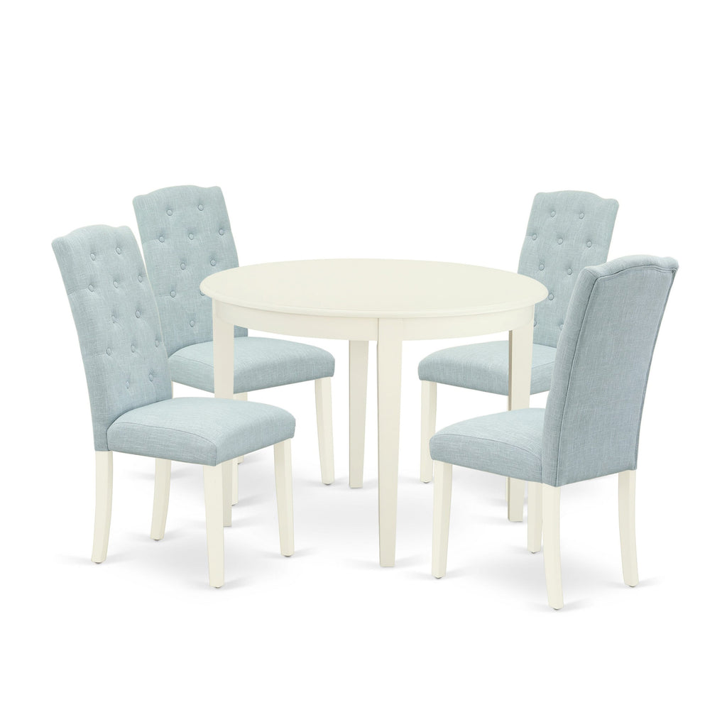BOCE5-E1V-Q8 – Classy Dining Ensemble with Circular Table and Four Luxurious Blue Linen Parson Chairs