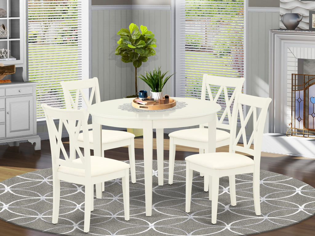 BOCL5-OHN-Y 5-Piece Dining Set with Round Table and 4 Upholstered Chairs, 42x42, in Elegant Linen White Lacquer