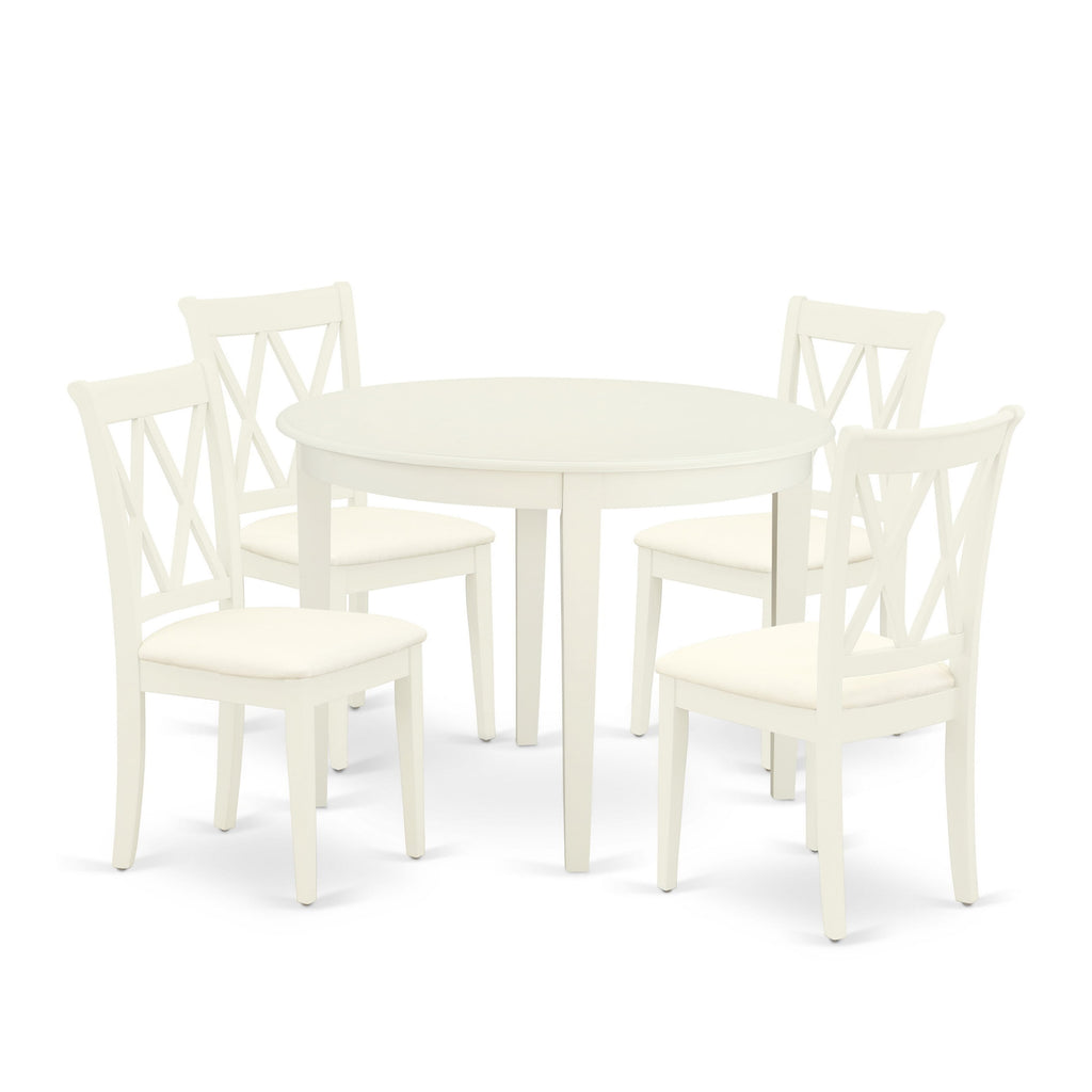 BOCL5-OHN-Y 5-Piece Dining Set with Round Table and 4 Upholstered Chairs, 42x42, in Elegant Linen White Lacquer