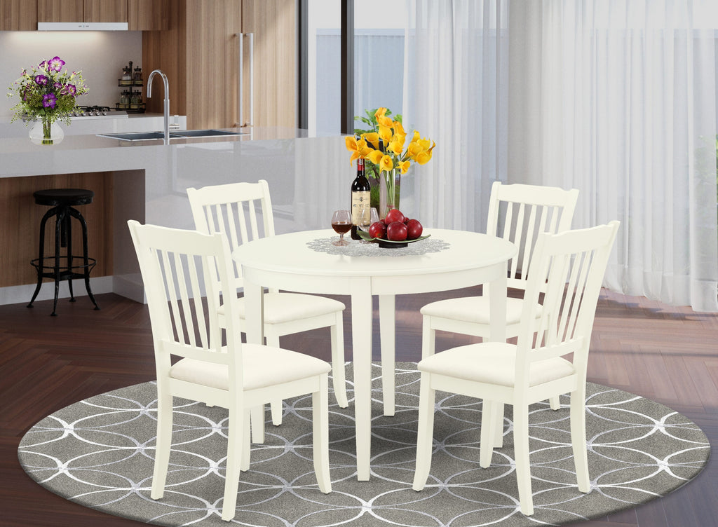 BODA5-LPZ-5 5 Piece Dining Set with Circular Table and 4 Upholstered Chairs in Light White Linen Finish