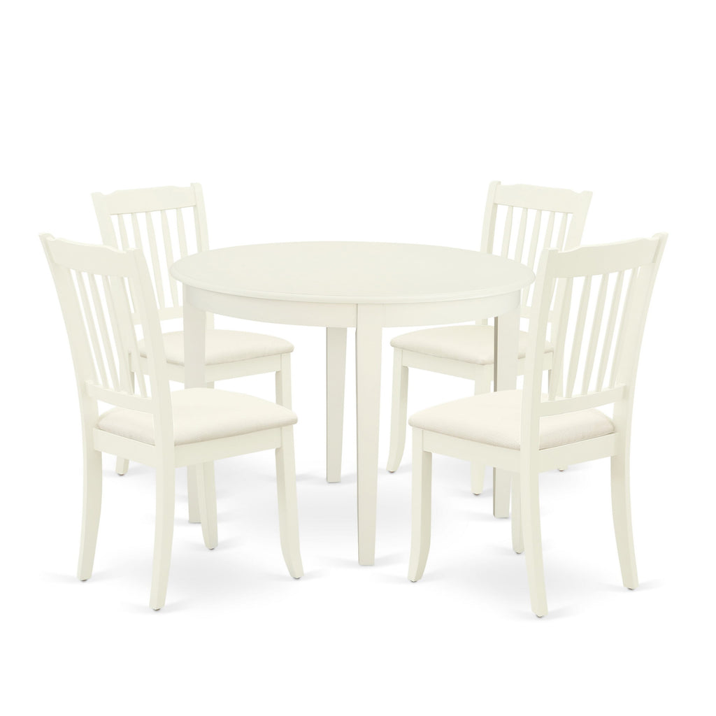BODA5-LPZ-5 5 Piece Dining Set with Circular Table and 4 Upholstered Chairs in Light White Linen Finish