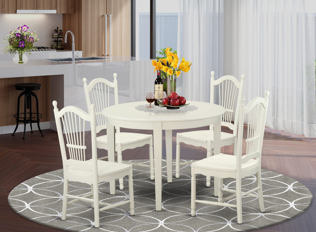 BODO5-CMN-W 5-Piece Dining Ensemble Round Table with 4 Chairs - Linen White, 42x42 Inch
