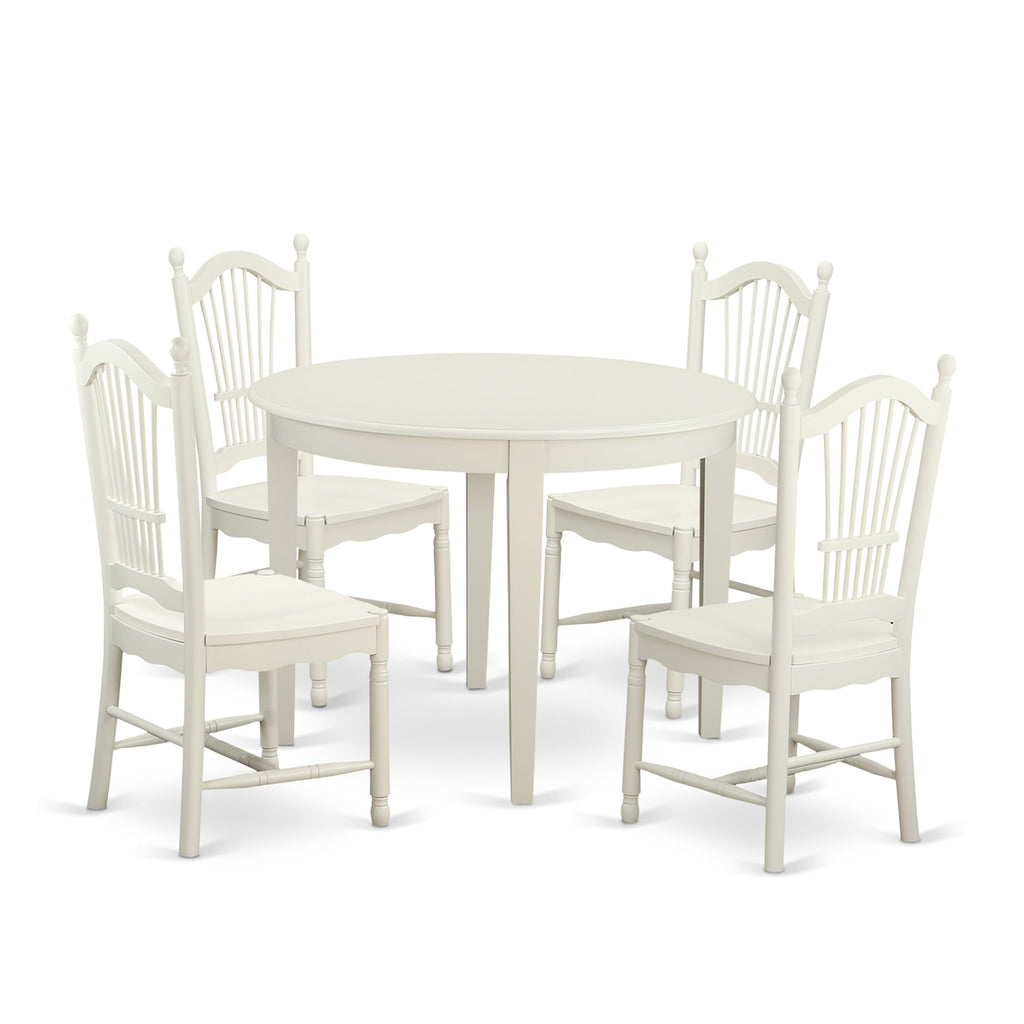 BODO5-CMN-W 5-Piece Dining Ensemble Round Table with 4 Chairs - Linen White, 42x42 Inch