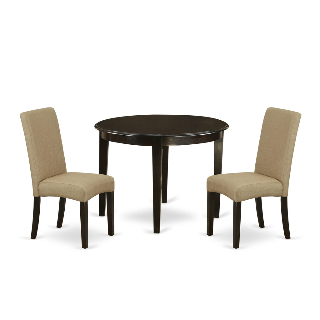3-Piece Dining Ensemble BODR3-45C-4A Round Kitchen Table with 2 Elegant Brown Linen Chairs, Compact 42-Inch Design