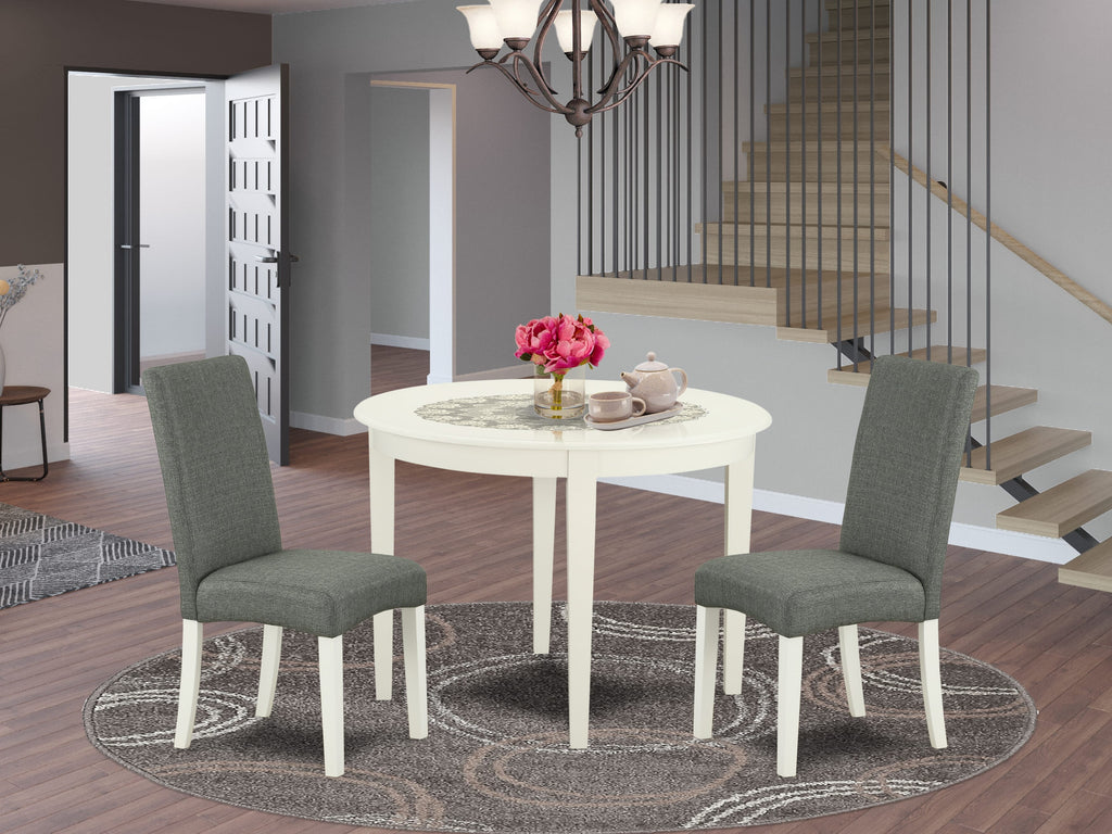 BODR3-QWN-CY 3-Piece Dining Ensemble with Round Table & Pair of Parson Chairs in Gray Fabric, 42 Linen White