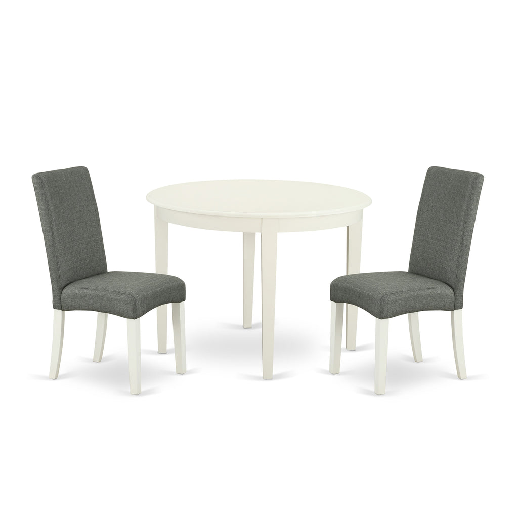 BODR3-QWN-CY 3-Piece Dining Ensemble with Round Table & Pair of Parson Chairs in Gray Fabric, 42 Linen White