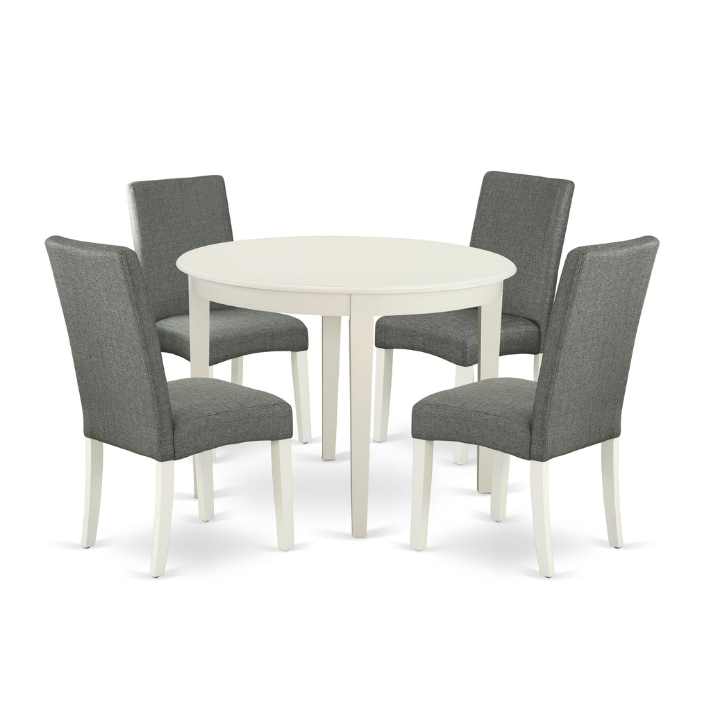 BODR5-9XX-XF 5-Piece Round Dining Ensemble with Linen White Table and Gray Fabric Chairs
