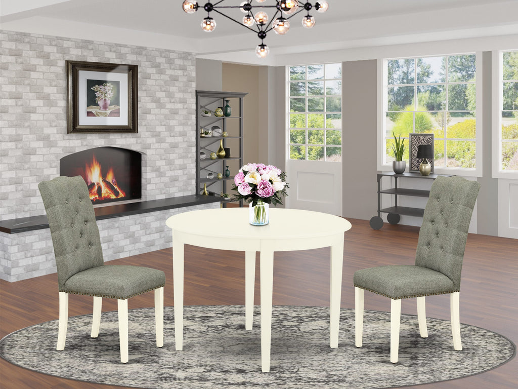 BOEL3-CTZ-15 Circular Table & 2 Linen Gray Chairs 3-Piece Set for Compact Spaces, 42x42 inch, Linen White Finish