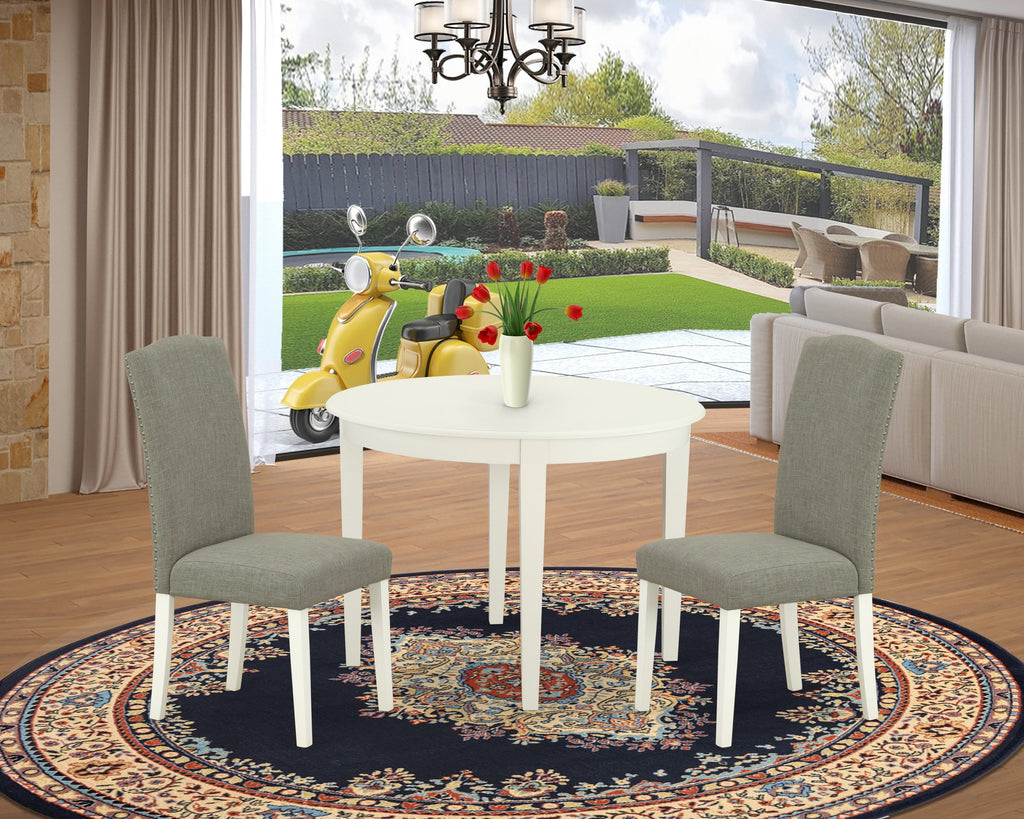BOEN3-1YS-QY Dining Trio Set with Round Table and Two Shitake Parson Chairs - Stylish Linen White for Cozy Dining Spaces