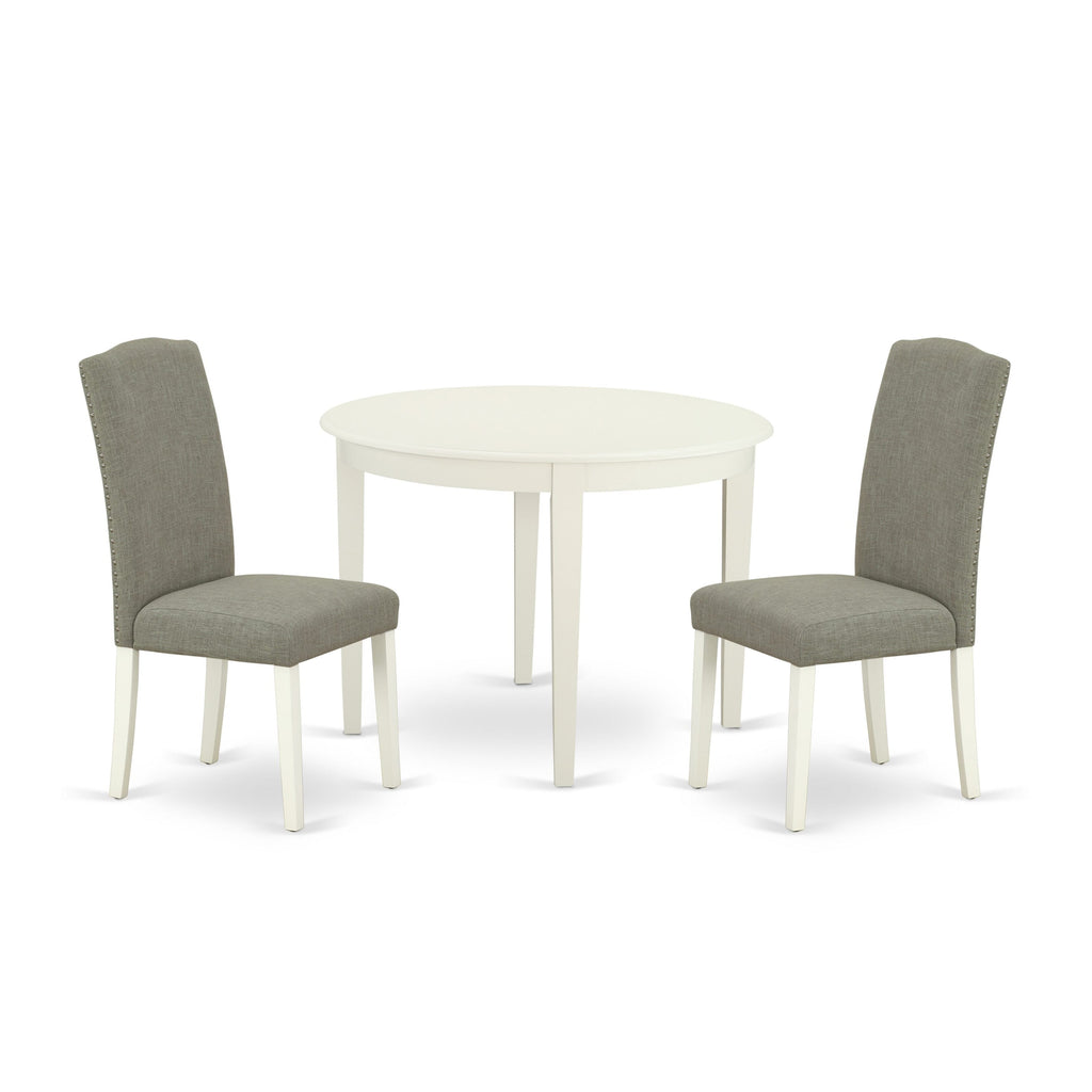 BOEN3-1YS-QY Dining Trio Set with Round Table and Two Shitake Parson Chairs - Stylish Linen White for Cozy Dining Spaces