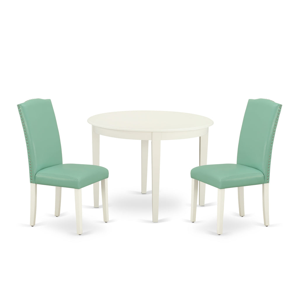 BOEN3-S2H-SU Elegant 3-Piece Dining Ensemble with Round Table & 2 Faux Leather Parson Chairs in White