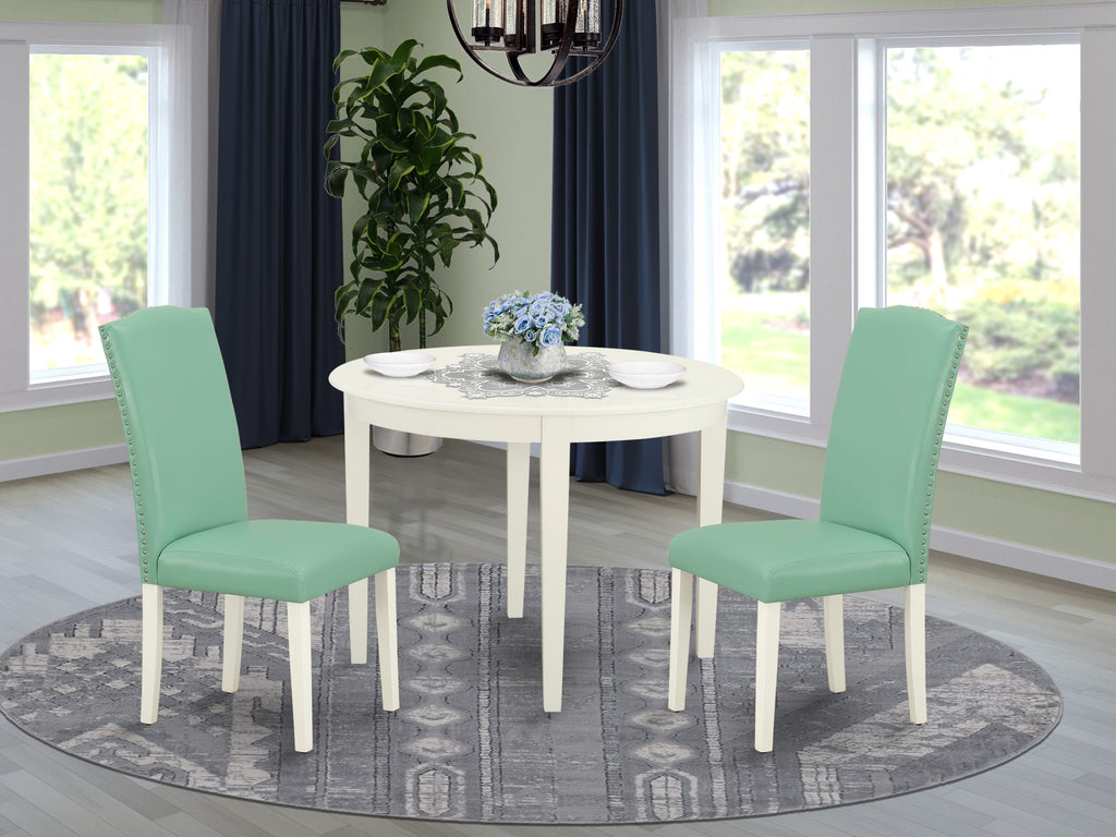 BOEN3-S2H-SU Elegant 3-Piece Dining Ensemble with Round Table & 2 Faux Leather Parson Chairs in White